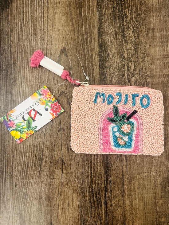 Express Edit Handbags - Beaded Pink Zip Pouch with Tassel “ Mojito “  NWT